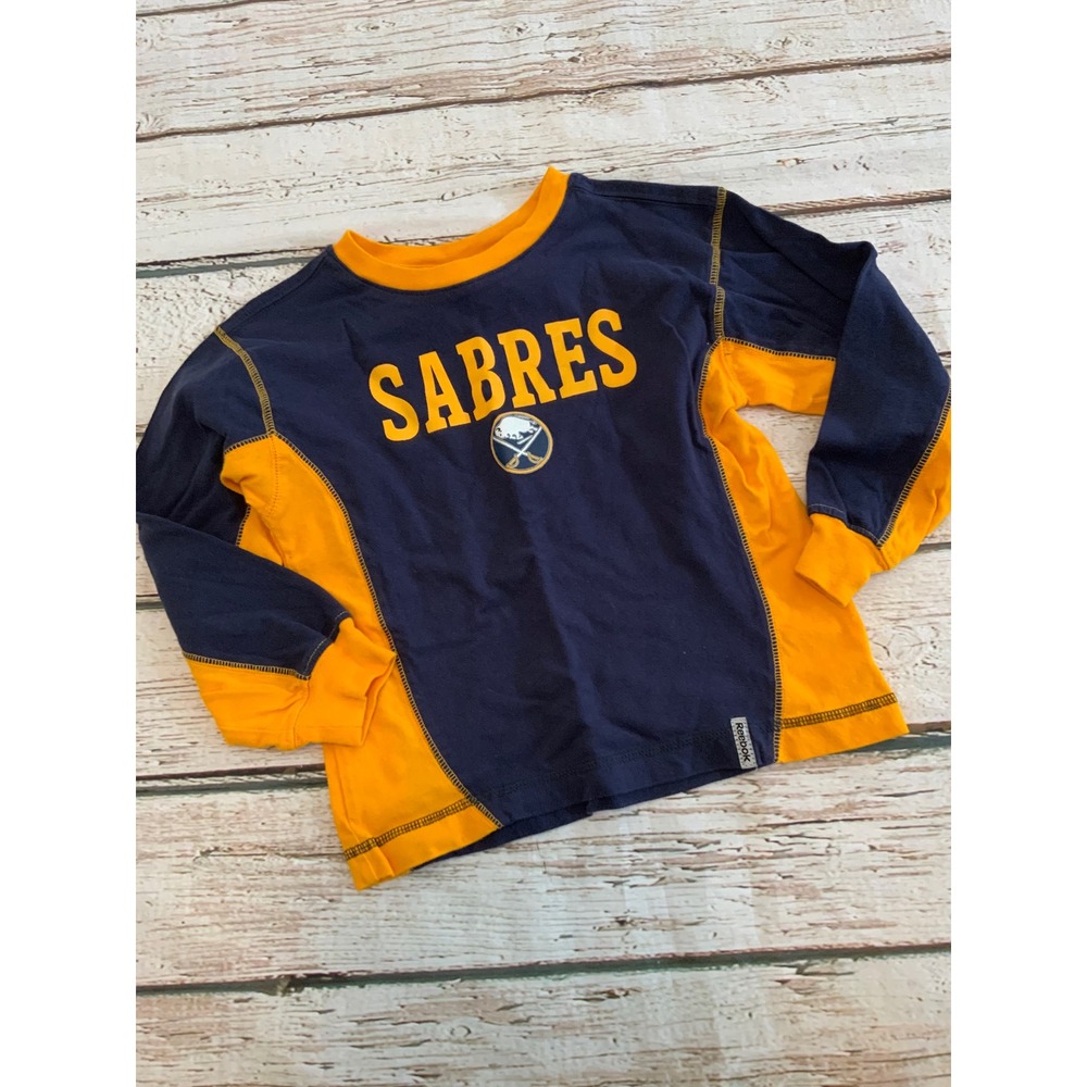 Reebok NHL Buffalo Sabres Youth Large 7 Long Sleeve Shirt Navy Blue Gold Logo